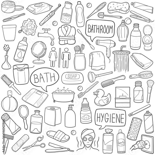 Bath Doodle Icons Black and White Line Art. Bathroom Clipart Hand Drawn Symbol Design.