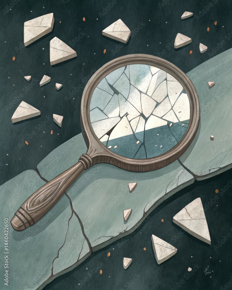 An artwork depicting a fragmented mirror symbolizing the fractured nature of memory and how individuals piece together their past through subjective lenses.