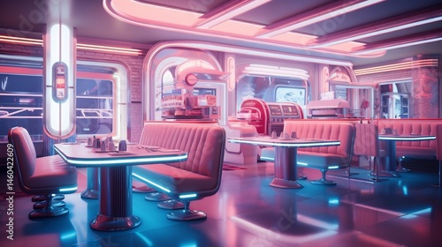 Neon-Lit Retro Diner Interior with Pink Booths and Futuristic Design Elements