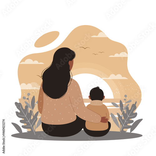 Mother and child sitting together watching sunset in warm beige tones peaceful moment vector illustration 
