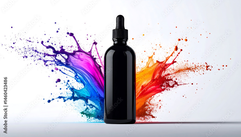 Fototapeta premium Colorful liquid splashes from black dropper bottle creative art display studio setting