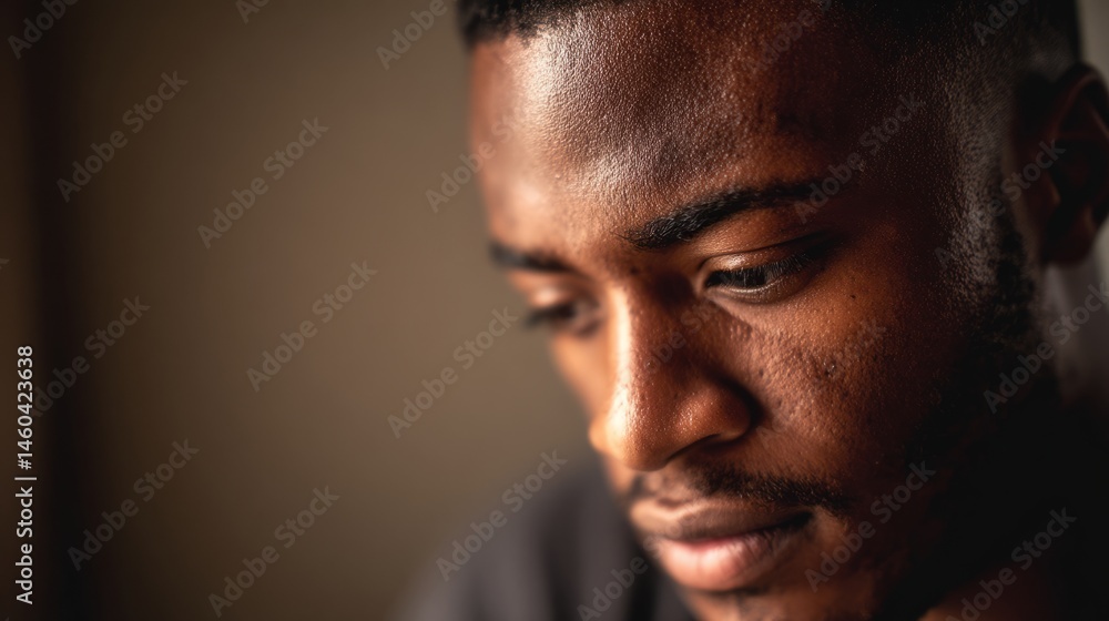Obraz premium Man in deep thought, looking down with focus. Introspection and quiet determination in a moment of reflection.