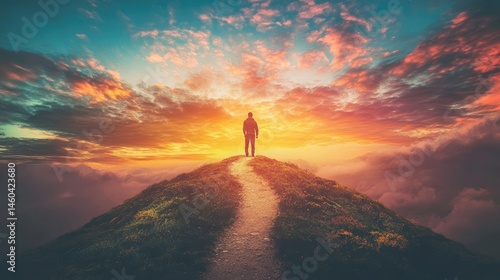 Silhouetted figure on a mountain path at sunset.