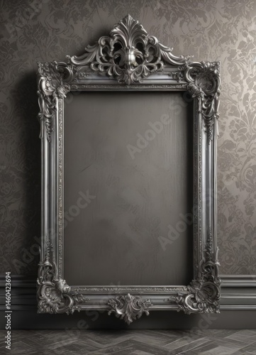 Intricate silver frames against deep damask  Vintage style ,  art deco,  decorative frame
