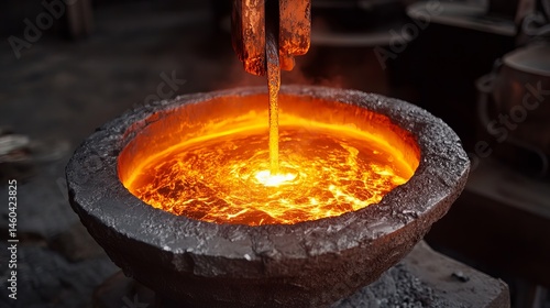 Molten metal pouring into a crucible industrial process hot orange fire heat iron gold dark glow