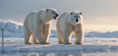Albino polar bear stands on arctic ice floe, sunlight reflecting off fur , albino, cub, beast