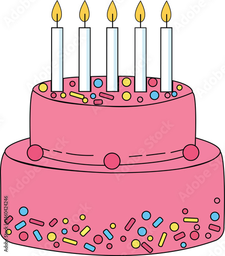 "Pink birthday cake with candles, decorated with colorful sprinkles, perfect for birthday celebrations, parties, and festive occasions."

