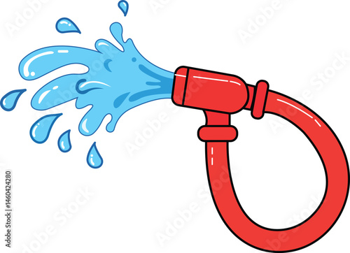 Red garden hose spraying water representing irrigation gardening pressure wash watering outdoor maintenance or cleaning equipment in fun colorful style
