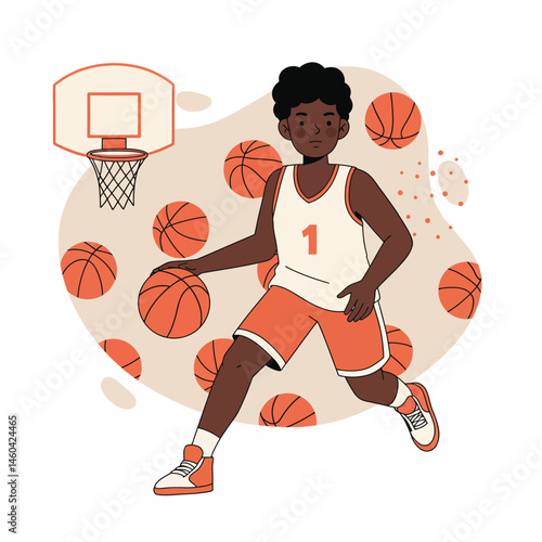Basketball player dribbling ball on court with multiple basketballs in background illustration vector 
