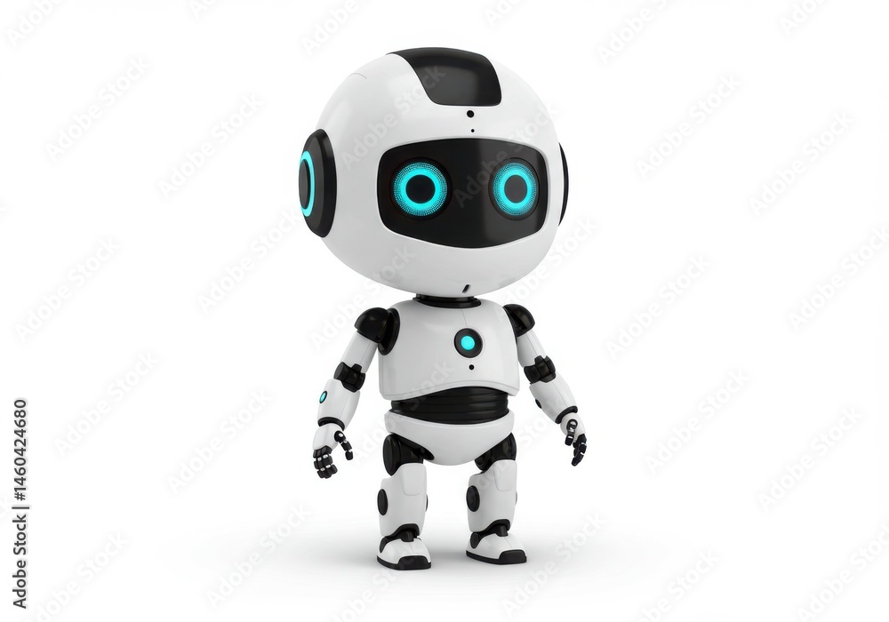 A small robot with glowing blue eyes standing isolated on white background A small robot with glowing blue eyes standing isolated on white background