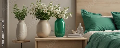 Emerald green bedding, beige nightstand, stylish vase with flowers ,  trendy,  style, bedroom
