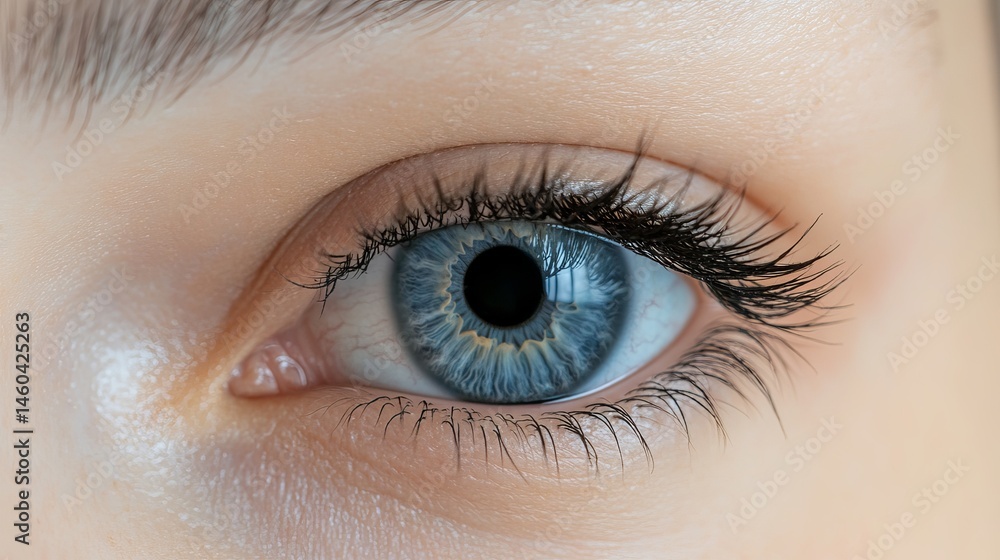 Obraz premium Closeup of a beautiful womans blue eye with long dark eyelashes eyes girl iris look gaze skin macro