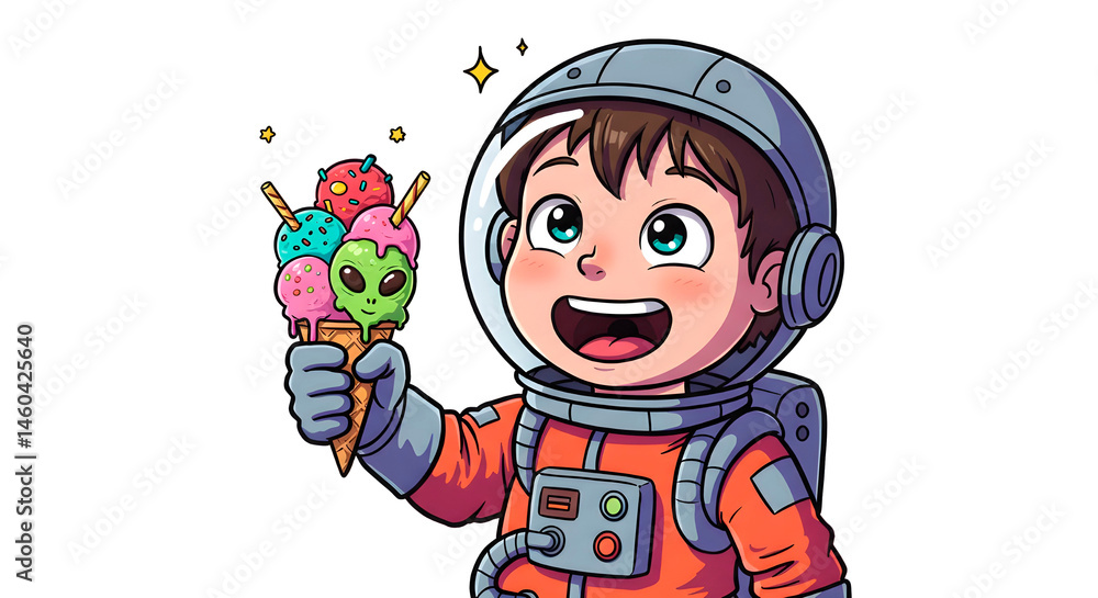 Fototapeta premium Cheerful Cartoon Young Astronaut with Space Ice Cream