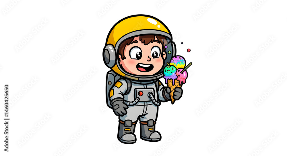 Cute Cartoon Little Astronaut with Ice Cream Cute Cartoon Little Astronaut with Ice Cream