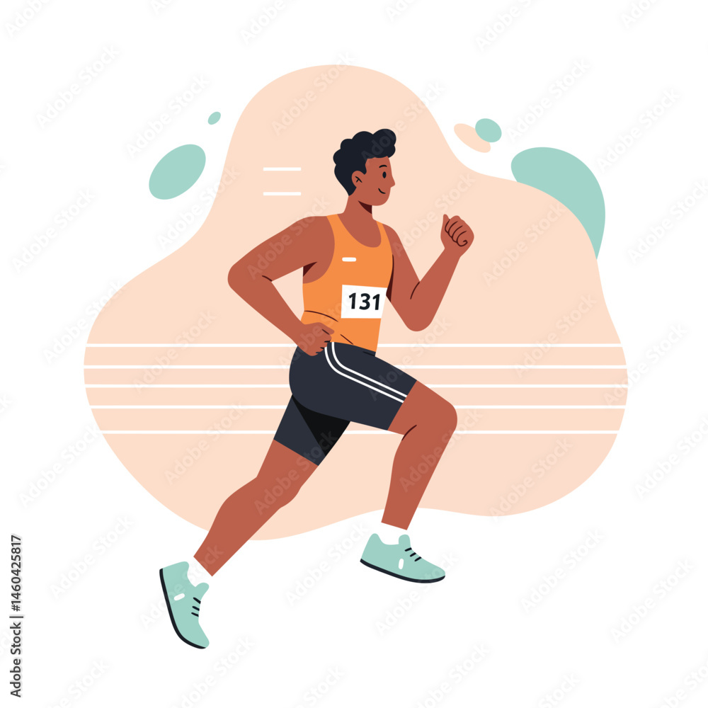 Fototapeta premium Male athlete running marathon race with orange tank top and black shorts vector illustration 