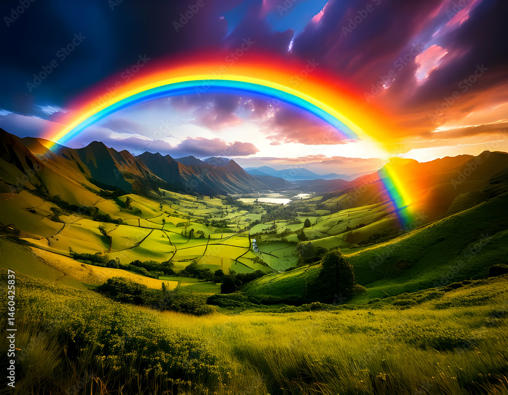 Obraz premium Vibrant rainbow arching over a lush green valley at sunset, with mountains in the background