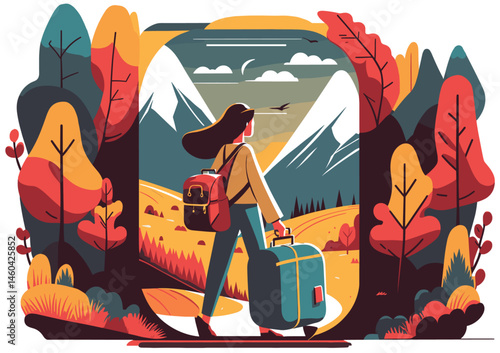 Girl Traveling Alone with Suitcase Illustration