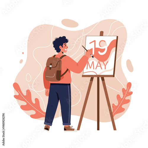 Person painting May 19 celebration banner on easel with casual outfit and backpack vector illustration 