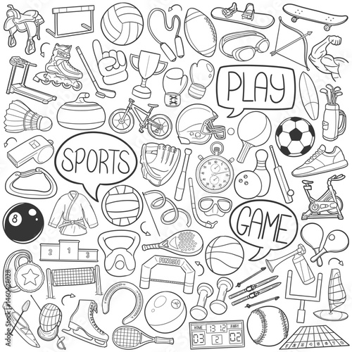 Sports Doodle Icons Black and White Line Art. Balls Clipart Hand Drawn Symbol Design.