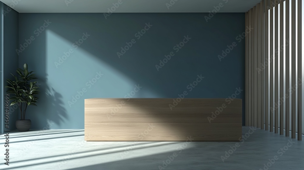 Fototapeta premium Interior Scene: Light Wood Reception Desk in Teal Room with Slatted Window