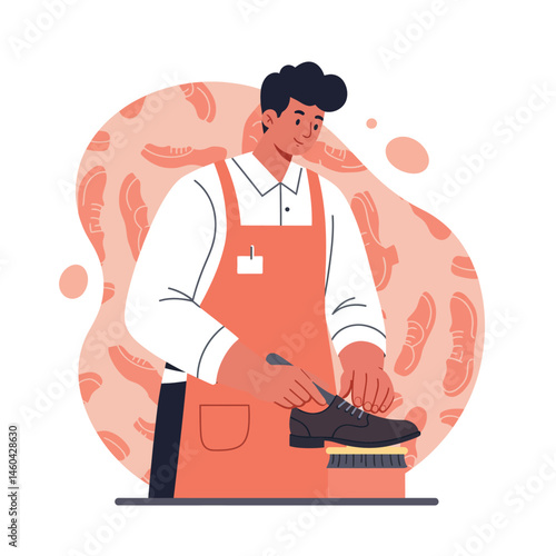 Man cleaning and polishing black shoe with brush in shoe repair shop illustration