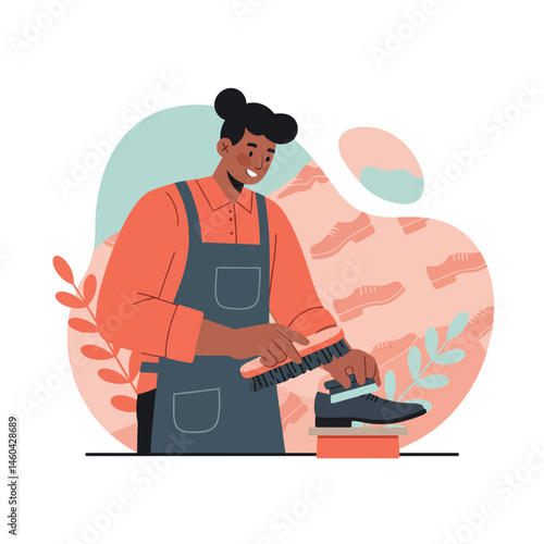 Shoe polisher cleaning footwear with brush in apron vector illustration for shoe care and maintenance design 