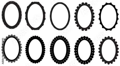 Ornate Oval Frame Collection Set, Decorative Scalloped Oval Borders for Picture Frames, Scrapbooking, Paper Crafts, Wood Working, Laser Cutting, Junk Journals. Black vector Frames