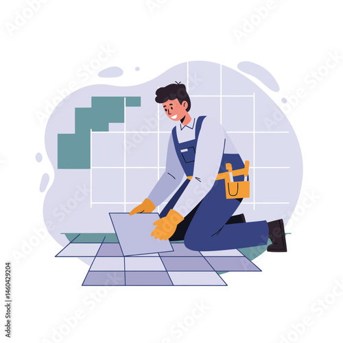 Worker installing floor tiles in blue overalls with tool belt and gloves indoor renovation work vector illustration 