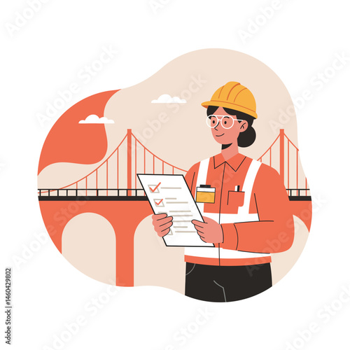 Female civil engineer inspecting checklist with Golden Gate Bridge in background vector illustration in orange and beige tones 