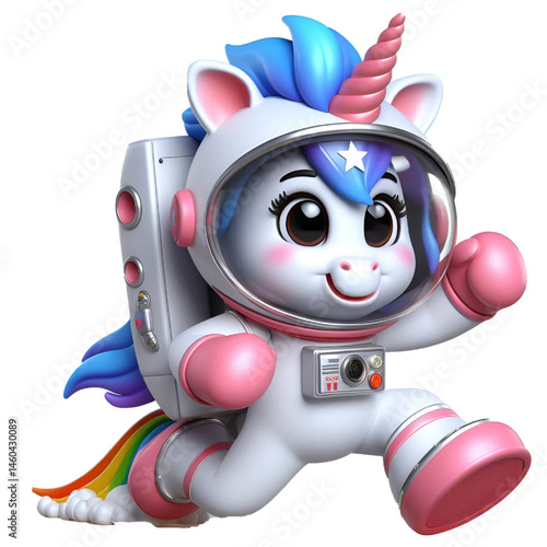3d happy unicorn astronaut isolated on white background