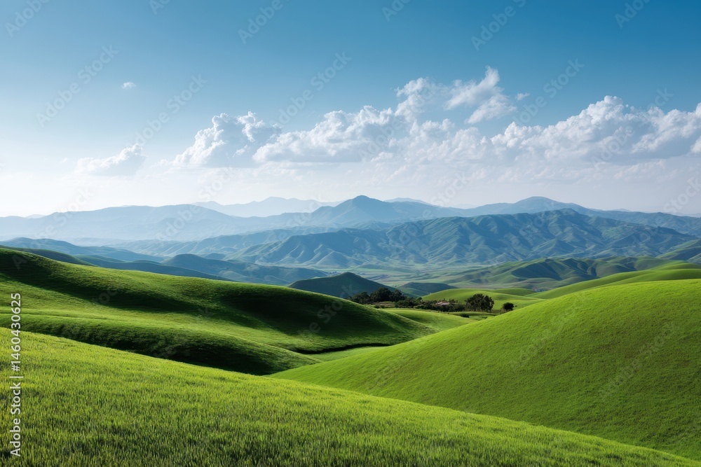 Fototapeta premium Rolling green hills under a bright blue sky with distant mountains and scattered white clouds above them