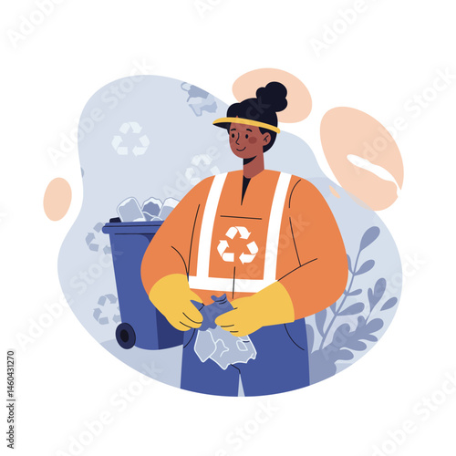 Woman cleaning and recycling plastic waste in orange vest and yellow gloves for environmental awareness vector illustration 