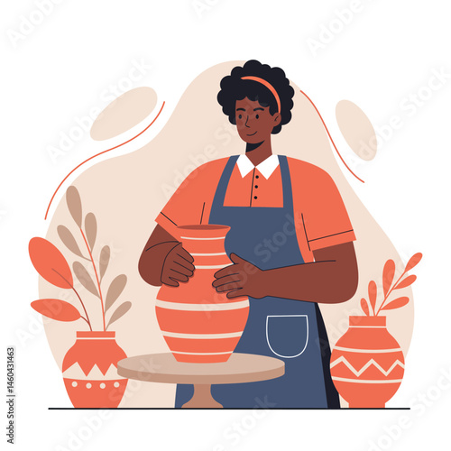 Female potter shaping clay on a pottery wheel with decorative vases in warm earth tones artwork vector illustration 