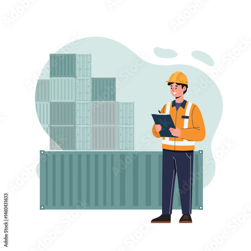 Shipping container worker with clipboard inspecting stacked green cargo containers vector illustration 