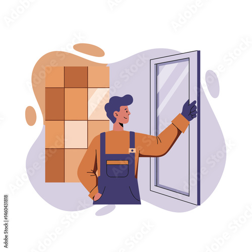 Worker installing glass window panel with stacked cardboard boxes in background vector illustration 