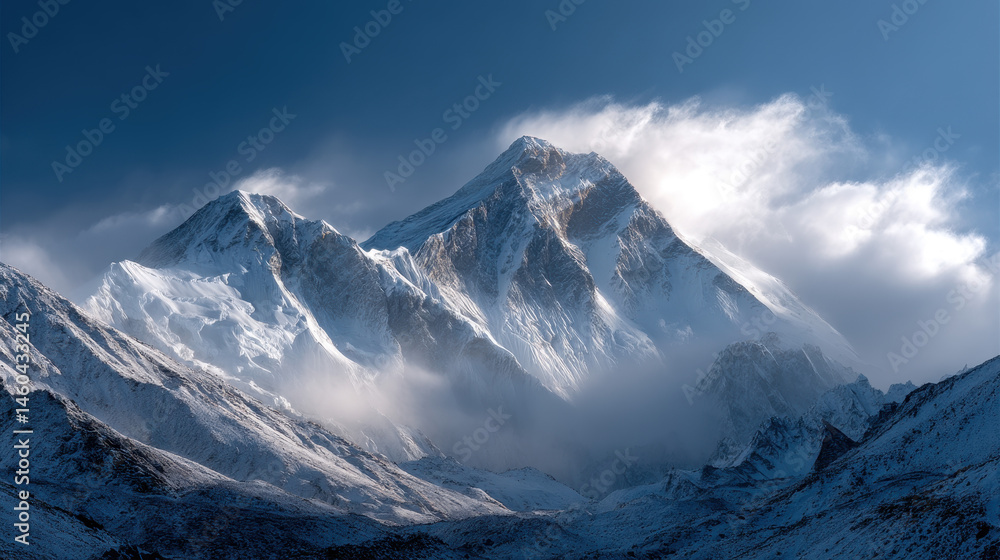 Obraz premium A photograph of Mount Everest, with snow-covered peaks and dramatic lighting