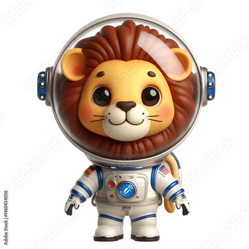 Cute and happy 3d lion astronaut isolated on white background, digital art