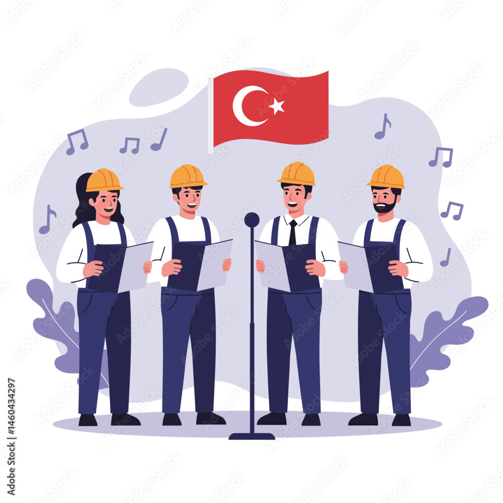 Group of construction workers singing together with Turkish flag background vector illustration Group of construction workers singing together with Turkish flag background vector illustration