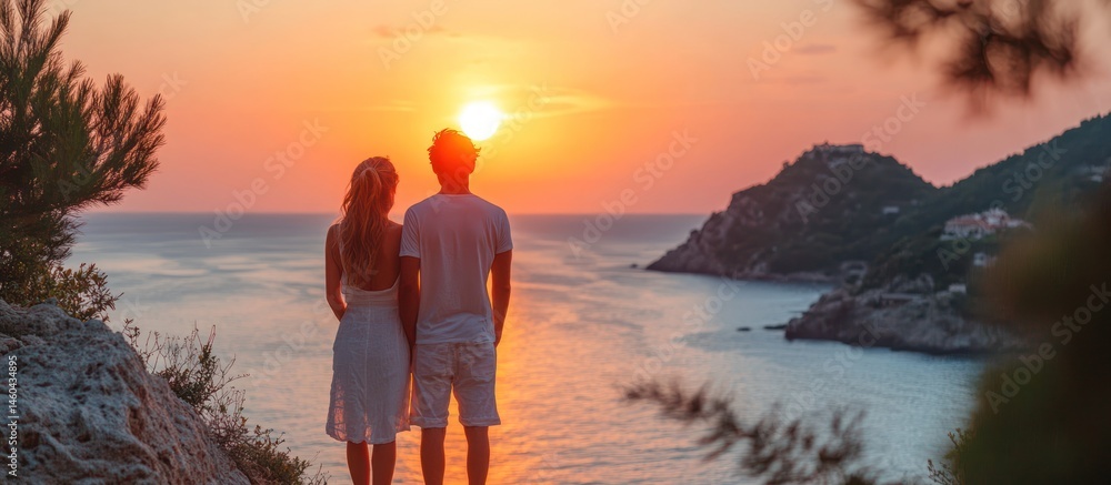 Fototapeta premium Couple Enjoying Sunset View From Cliff Over Ocean