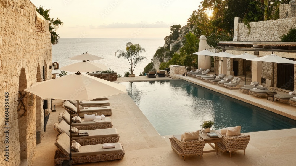 Fototapeta premium Luxury outdoor pool area overlooking the sea.