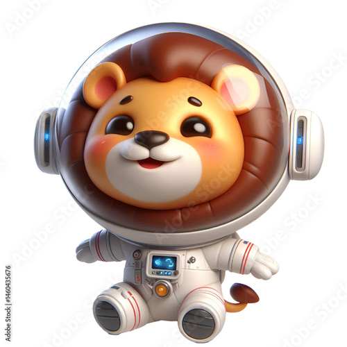 Cute and happy 3d lion astronaut isolated on white background, digital art
