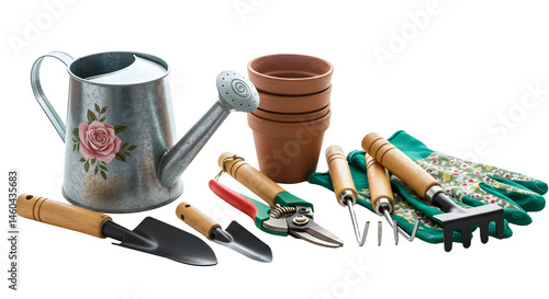 A collection of gardening tools including a watering can, pots, and gloves arranged on a white background, ideal for gardening enthusiasts