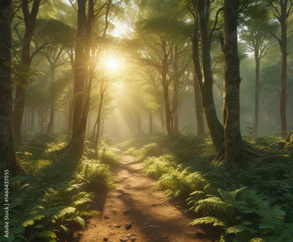 Naklejka premium Golden sunlight streams through emerald canopy, illuminating dappled forest floor, spring, nature, green