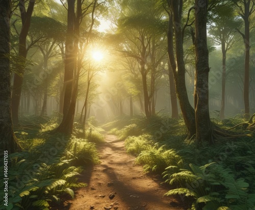 Golden sunlight streams through emerald canopy, illuminating dappled forest floor,  spring,  nature,  green