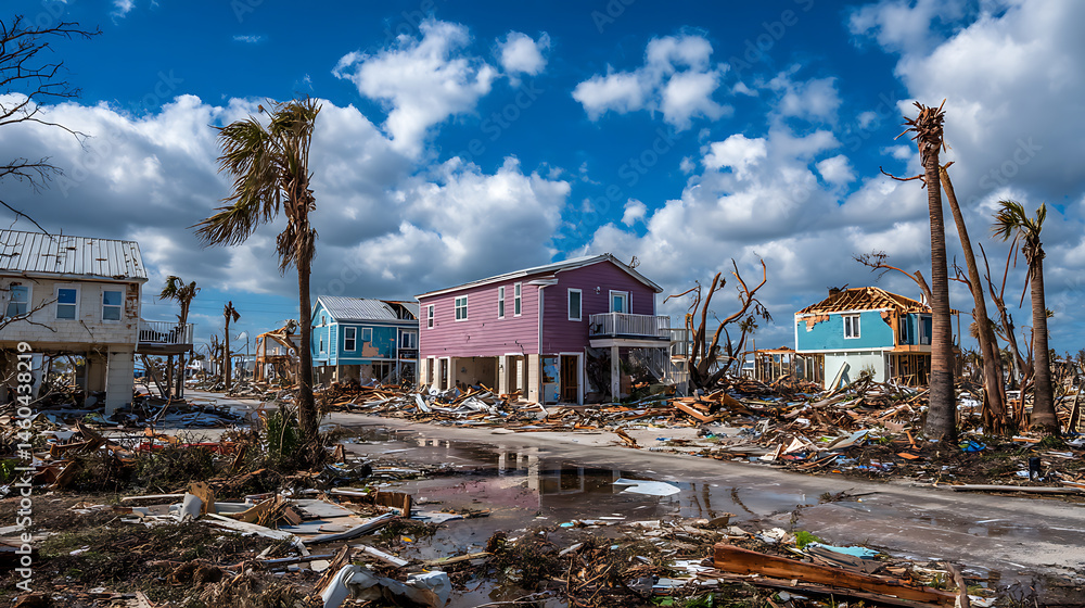 Fototapeta premium Hurricane, florida after the hurricane, broken houses, broken trees