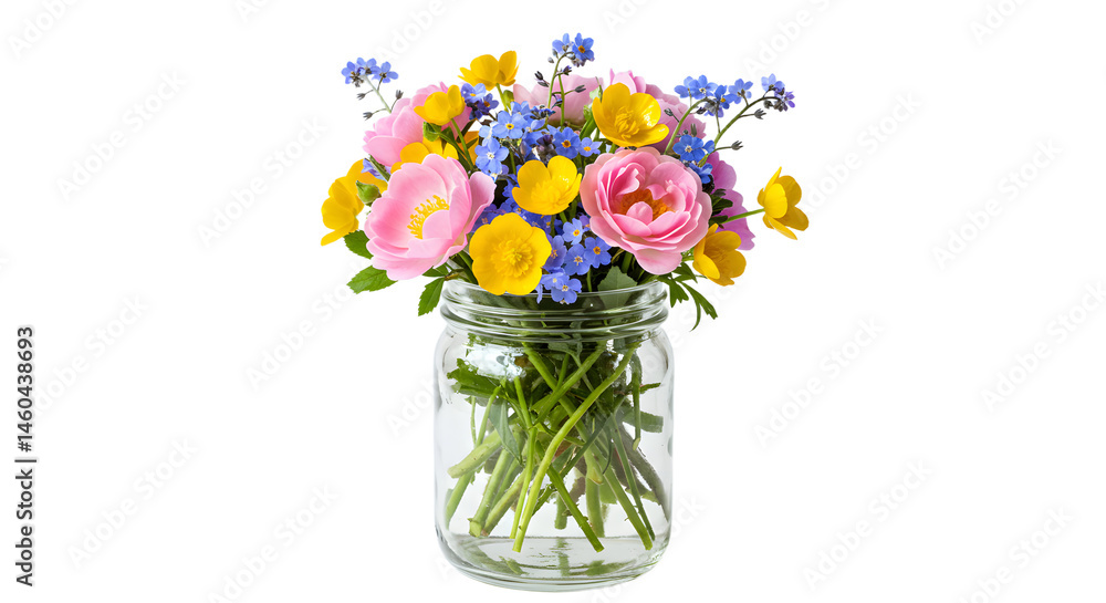 Obraz premium A vibrant bouquet of pink and yellow flowers in a clear jar, set against a white background, perfect for spring decor