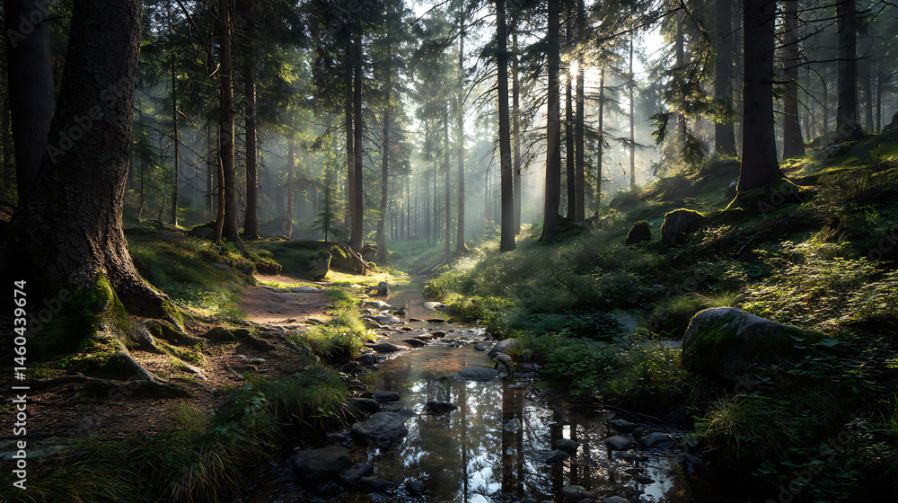 Obraz premium Dreamy forest landscape with a small creek and sunlight shining through the trees