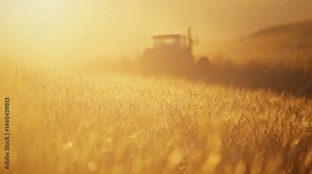 Fototapeta premium Golden sunrise over wheat fields with a tractor working in the distance during early morning hours