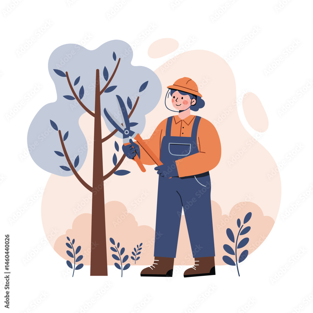 Gardener pruning tree with shears in autumn season nature care and outdoor activity illustration vector Gardener pruning tree with shears in autumn season nature care and outdoor activity illustration vector