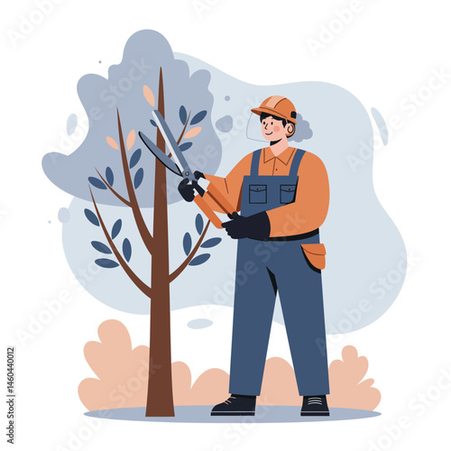 Gardener pruning tree branches with garden shears in outdoor landscape scene vector illustration 